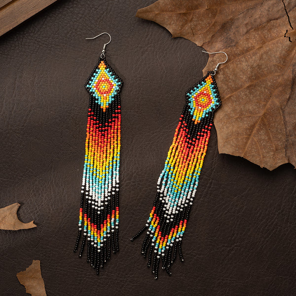 Colorful Native Long Beaded Dangle Earrings for Women, Bohemian Handmade Long Beads Tassel Drop Earrings