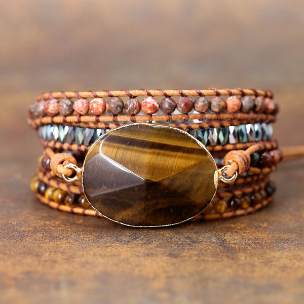 Vintage Natural Stone Beads Beaded Bracelets for Women, Handmade Woven Adjustable Bracelet with Leather Rope