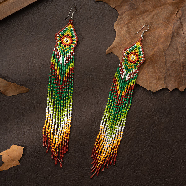 Green Native Long Beaded Dangle Earrings, Boho Statement Handmade Long Beads Tassel Drop Earrings for Women