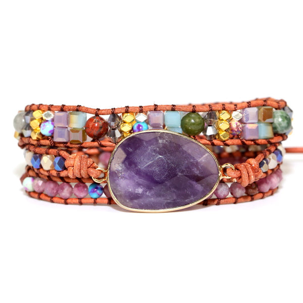 Purple Crystal Stone Beads Beaded Bracelet for Women, Hand Woven Multi-layer Adjustable Bracelet with Leather Rope