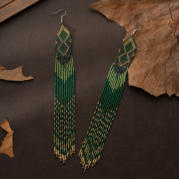 Green Native Long Beaded Dangle Earrings for Women, Bohemian Boho Statement Handmade Long Beads Tassel Drop Earrings