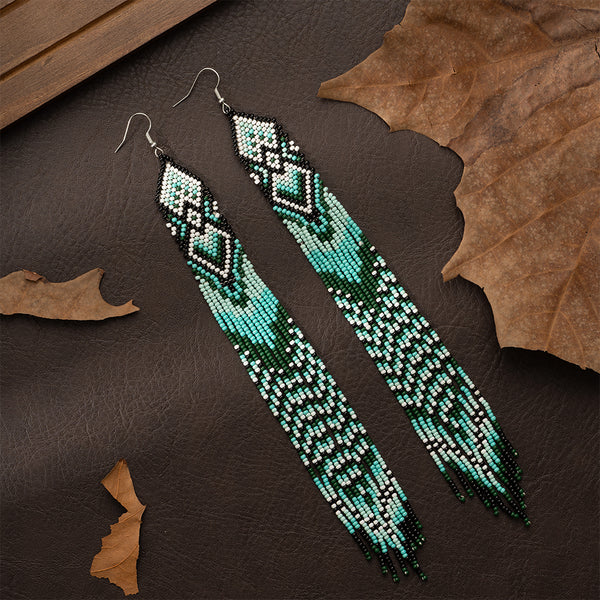 Green Native Long Beaded Dangle Earrings for Women, Bohemian Boho Statement Handmade Long Beads Tassel Drop Earrings