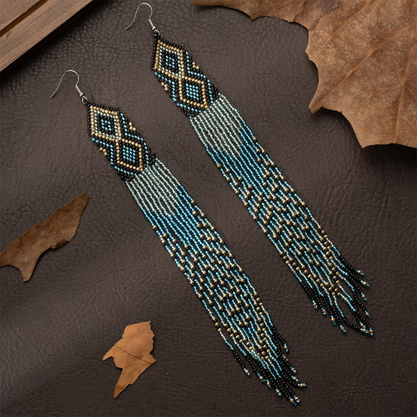 Blue Native Long Beaded Dangle Earrings for Women, Bohemian Boho Statement Handmade Long Beads Tassel Drop Earrings