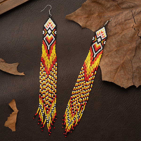 Yellow Native Long Beaded Dangle Earrings for Women, Bohemian Boho Statement Handmade Long Beads Tassel Drop Earrings