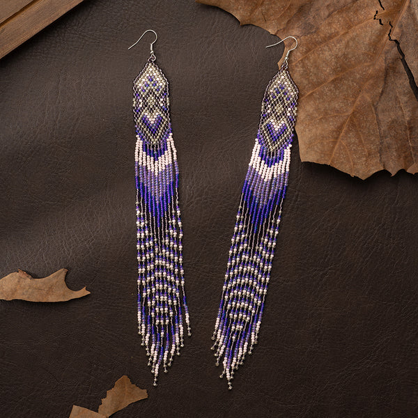 Purple Native Long Beaded Dangle Earrings for Women, Bohemian Boho Statement Handmade Long Beads Tassel Drop Earrings