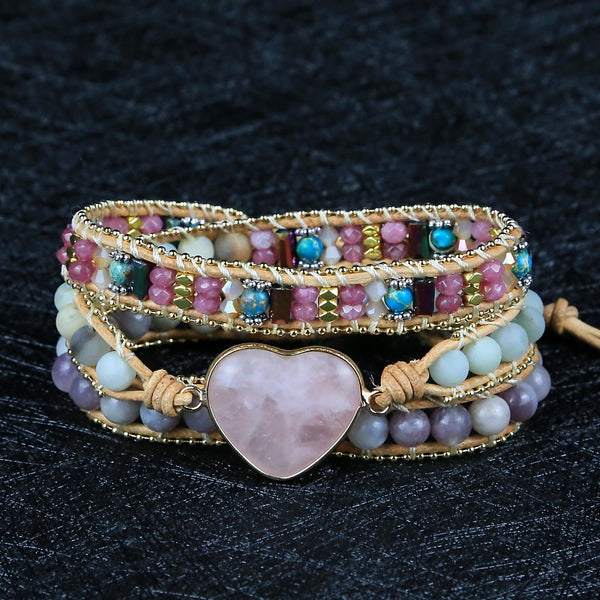 Pink Heart Crystal Natural Stone Beads Beaded Bracelet, Hand Woven Bohemian Boho Multi-layer Leather Rope Bracelet for Women
