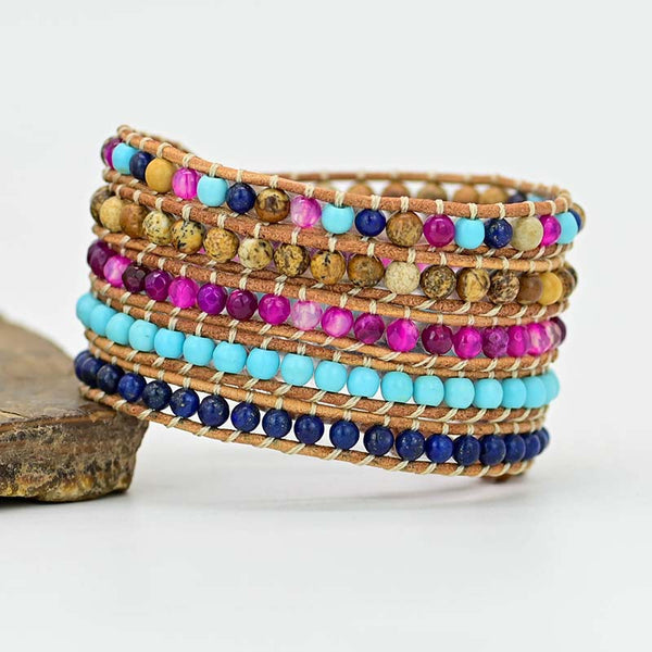 Natural Stone Beads Beaded Adjustable Bracelet with 5 Layers of Leather Rope, Handmade Bohemian Boho Bracelet for Women