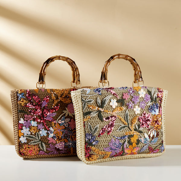 Embroidery Handbag, Women's Tote Bag, Straw Woven Bag, Large Capacity for Women Party Wedding Banquet