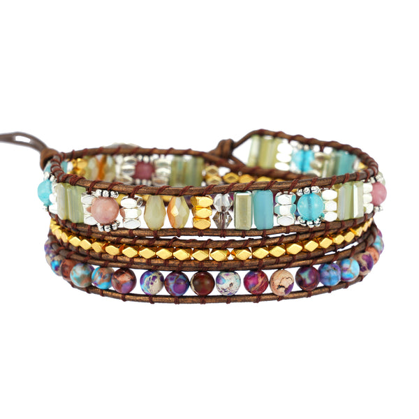 Bohemian Boho Stone Alloy Crystal Mixed Beads Beaded Bracelet for Women, Hand Woven Multi Layered Adjustable Bracelet