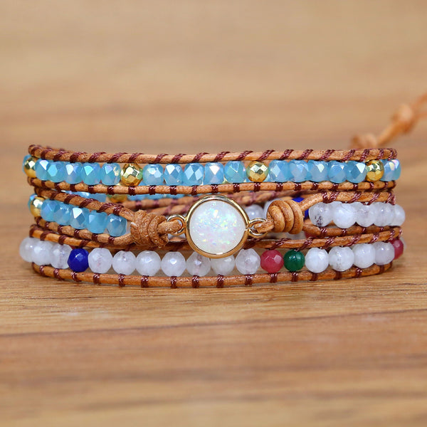 Stone Crystal Mixed Beads Beaded Adjustable Leather Rope Bracelet for Women, Woven Handmade Bohemian Boho Multilayer Bracelet