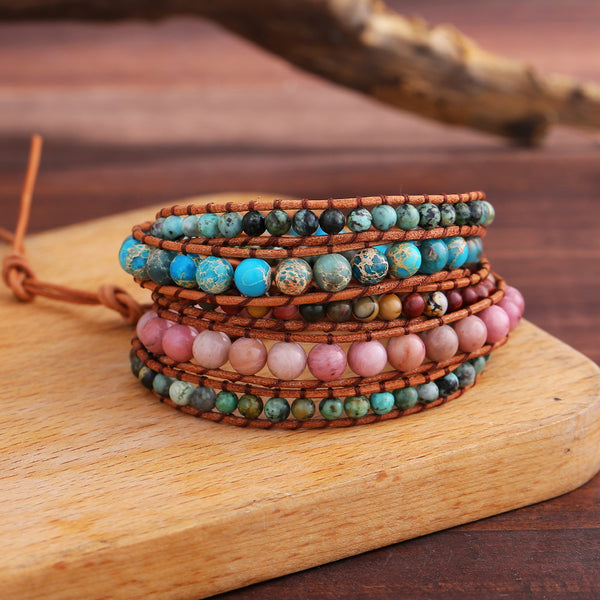 Multi Layer Winding Natural Stone Beads Beaded Bracelet for Women, Retro Bohemian Boho Handmade Weaving Adjustable Bracelet