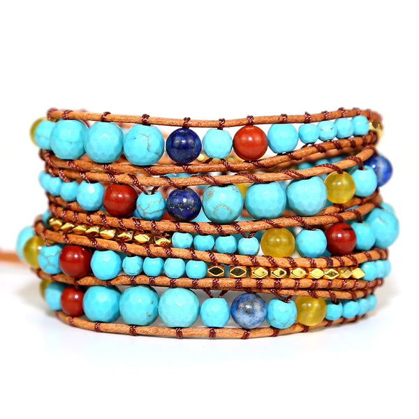 Vintage Turquoise Stone Beads Beaded Bracelet, Handmade Woven Bohemian Boho Multilayer Adjustable Bracelet for Women