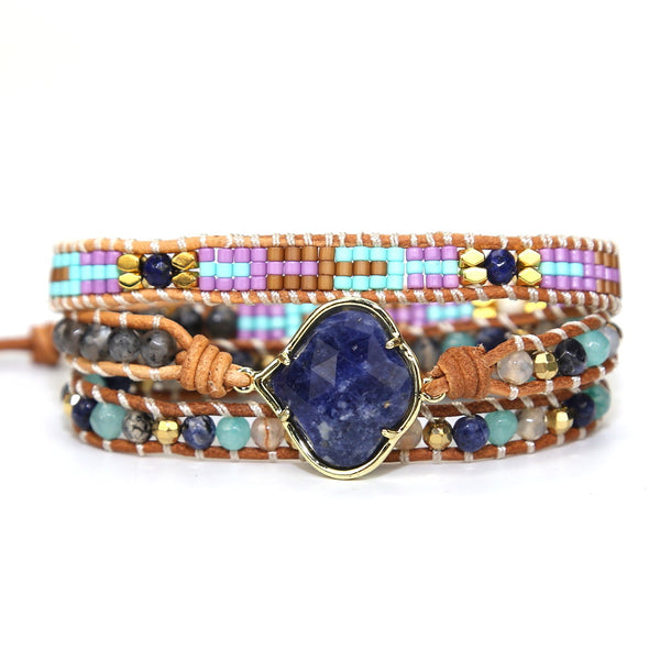Vintage Style Natural Stone and Glass Seed Beads Beaded Bracelet for Women, Multi-layer Leather Rope Handmade Woven Bohemian Boho Adjustable Bracelet