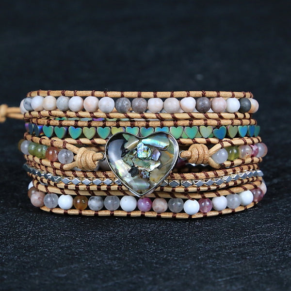 Shell Heart Woven Multi-layer Leather Rope Bracelet, Bohemian Boho Stone Beads Beaded Bracelet for Women