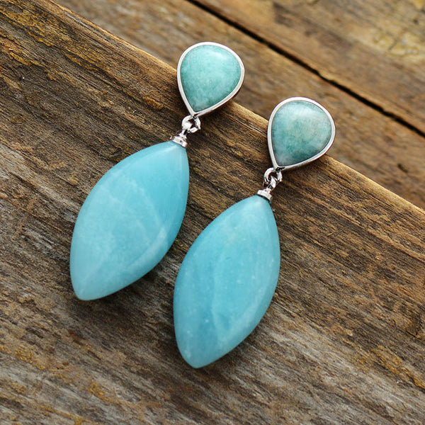 Vintage Blue Natural Stone Water Drop Dangle Earrings for Women
