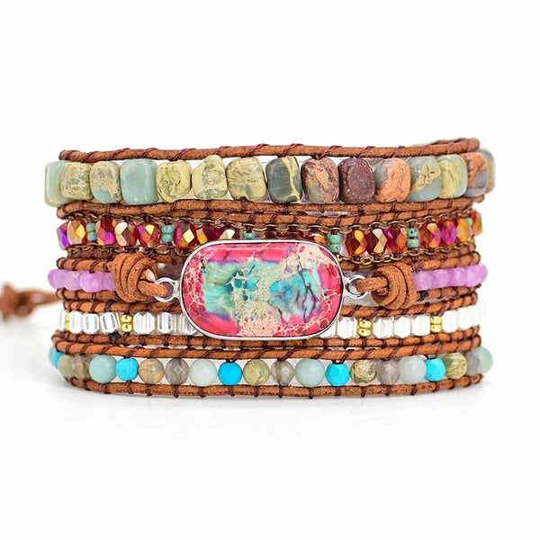 5-layer Natural Stone Crystal Metal Beads Boho Bohemian Handmade Wrapped Beaded Adjustable Bracelet with Leather Rope