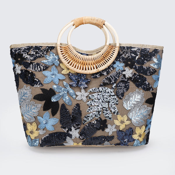 Embroidered Straw Woven Tote Bag with Sequins, Large Capacity Fashionable Woven Handbag for Women