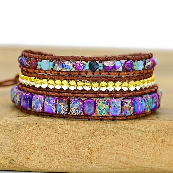 Bohemian Boho Style 3-layer Natural Stone Metal Beads Beaded Adjustable Bracelet with Leather Rope