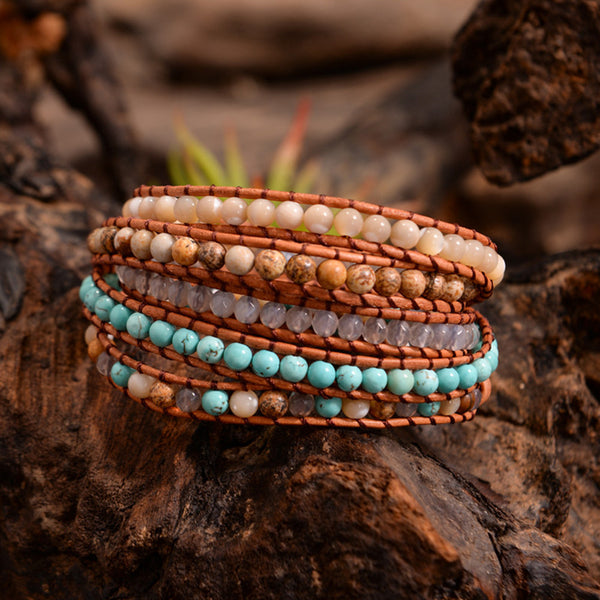 Multi Layer Bohemian Boho Leather Rope Stone Crystal Mixed Beads Women's Woven Beaded Bracelet