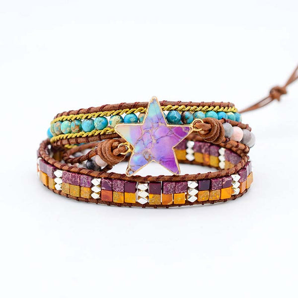 Star Natural Stone Beads Beaded Bracelet for Women, Bohemian Boho Hand Woven Multi-layer Adjustable Bracelet with Leather Rope