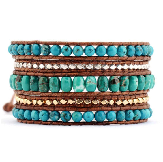 Handmade Bohemian Boho Retro Turquoise Stone Metal Beads Multi-layer Winding Beaded Adjustable Bracelet for Women