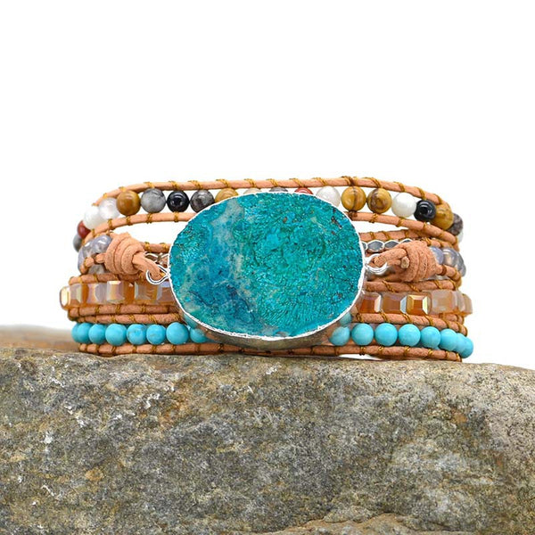 Bohemian Boho Natural Stone Crystal Alloy Beads Beaded Bracelet for Women, Handmade Multi-layer Woven Adjustable Bracelet with Leather Rope