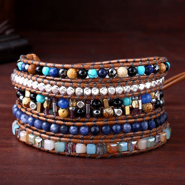 Bohemian Boho Vintage Multi-layer Crystal Stone Metal Beads Handmade Woven Beaded Bracelet  for Women