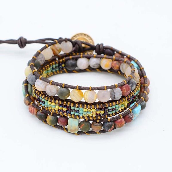 Handmade Woven Stone Beads Beaded Bracelet for Women, Bohemian Boho Multi-layer Wrapped Adjustable Rope Bracelet