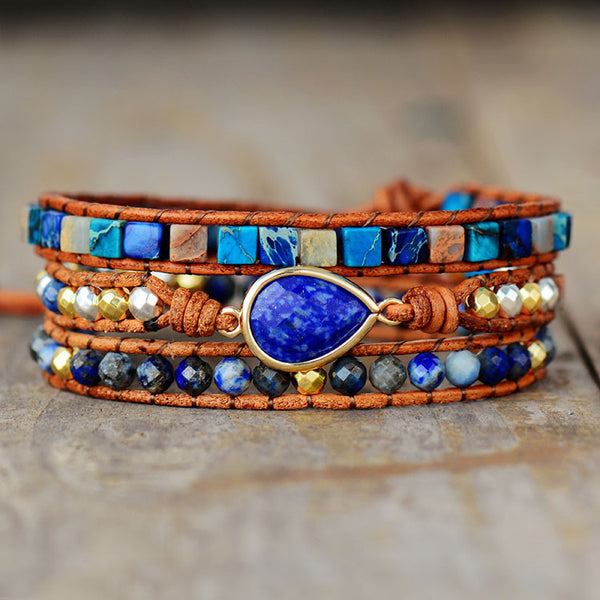 Natural Stone Beads Multi-layer Woven Beaded Adjustable Bracelet for Women with Leather Rope