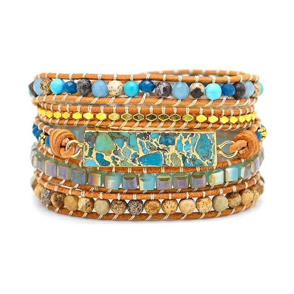 Boho Multi Layer Hand Woven Adjustable Bracelet with Leather Rope, Bohemian Crystal Alloy Natural Stone Beads Beaded Bracelet for Women