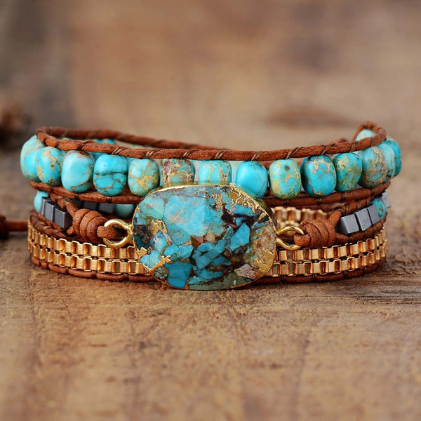 Bohemian Style Turquoise Stone Beads Beaded Bracelet, Three-layer Wrapped Hand Woven Leather Rope Adjustable Bracelet