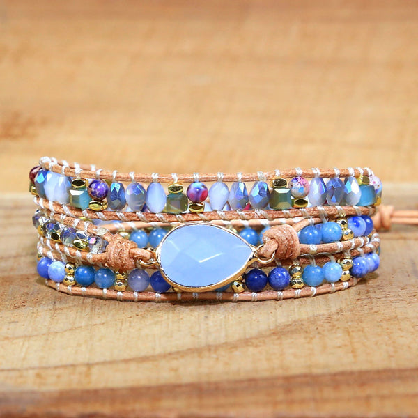 Natural Stone Crystal Beads Handmade Woven Beaded Bracelet, Bohemian Boho Style Adjustable Bracelet for Women with Leather Rope