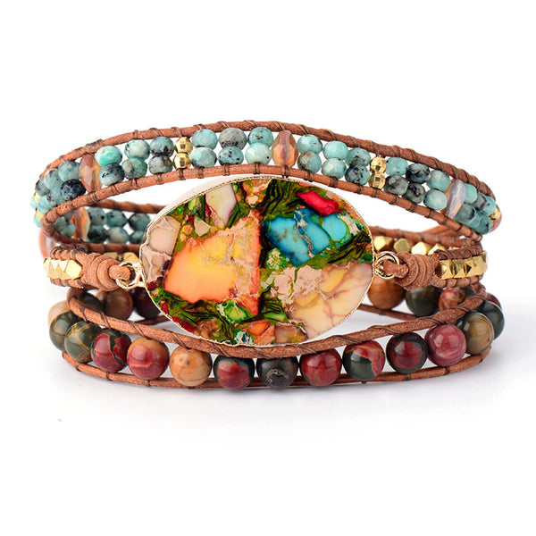Colorful Natural Stone Beads Beaded Bracelet, Hand Woven Leather Rope Multi-layer Winding Adjustable Bracelet for Women