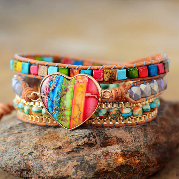 Heart Shaped Natural Stone Beads Leather Rope Adjustable Beaded Bracelet, Bohemian Boho Handmade Woven Multi-layer Bracelet for Women
