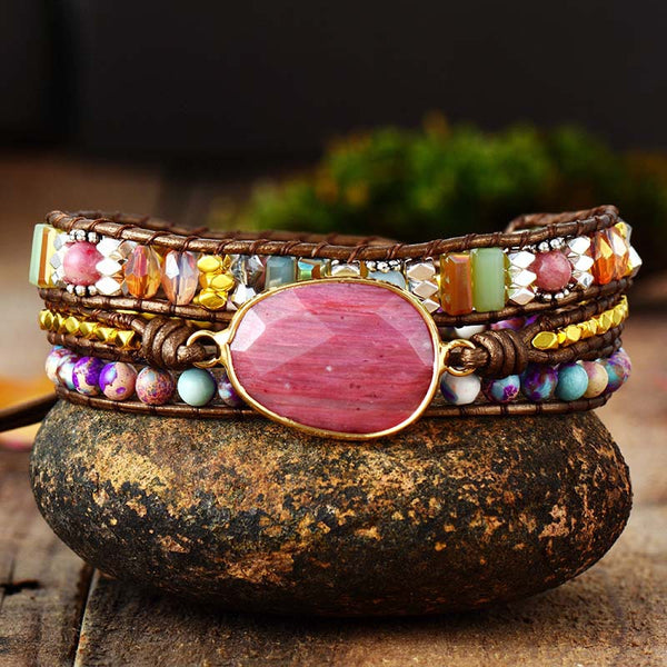 Natural Stone and Crystal Beads Beaded Bracelet for Women, Hand Woven Bohemian Boho Multi-layer Adjustable Bracelet