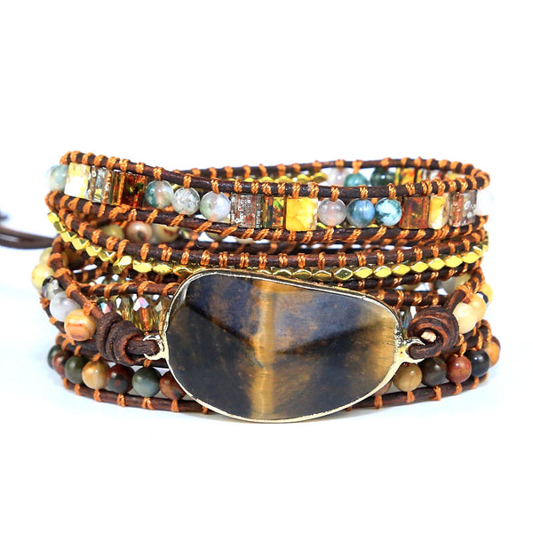 Handmade Natural Stone and Crystal Metal Mixed Beads Beaded Bracelet, Retro Ethnic Style Woven Multi-layer Adjustable Bracelet for Women