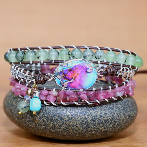 Natural Stone Beads Metal Crystal Beads Beaded Bracelet for Women, Vintage Bohemian Boho Multilayer Adjustable Bracelet