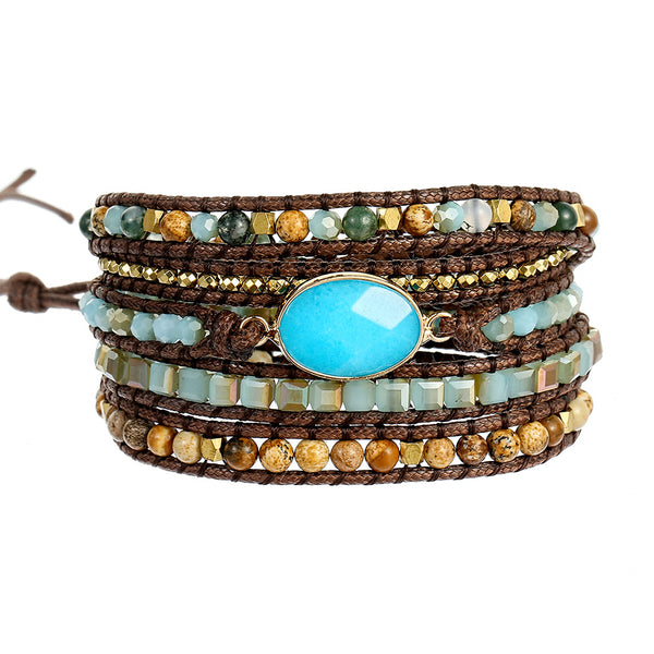 Vintage Bohemian Boho Style Stone Crystal Metal Mixed Beads Multilayer Adjustable Beaded Bracelet for Women