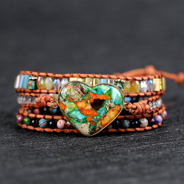 Handmade Multi-layer Leather Rope Adjustable Bracelet, Heart-shaped Natural Stone and Crystal Beads Beaded Bracelet for Women