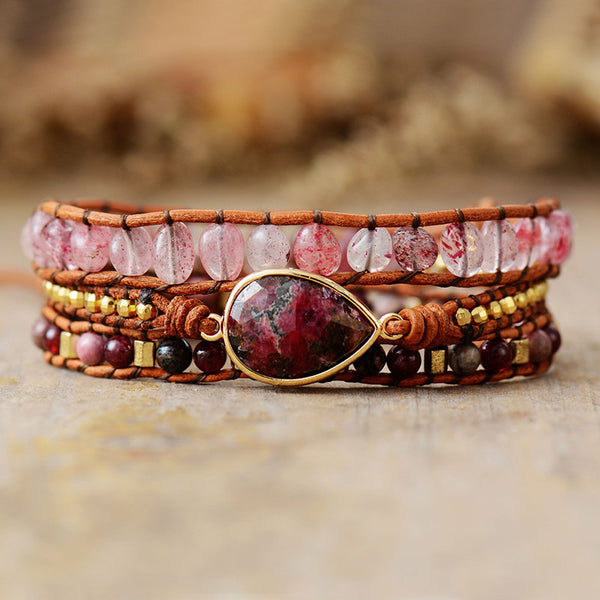 Crystal Stone Beads Beaded Bracelet for Women, Leather Rope Hand Woven Bohemian Multi-layer Adjustable Bracelet
