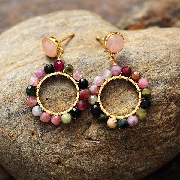 Vintage Beaded Hoop Natural Stone Crystal Dangle Earrings for Women