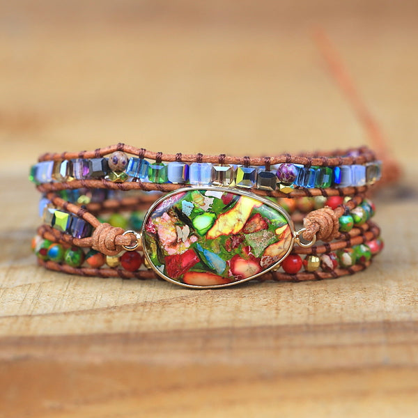 Vintage Boho Bohemian Handmade Colorful Stone Crystal Mixed Beads Bracelets, Multi-layer Beaded Weaving Bracelet for Women