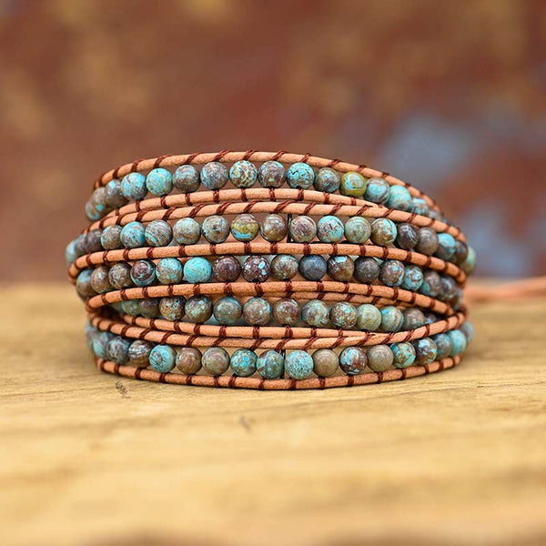Hand Woven Natural Stone Beads Multi-layer Wrapped Bohemian Style Beaded Bracelets for Women with Leather Rope