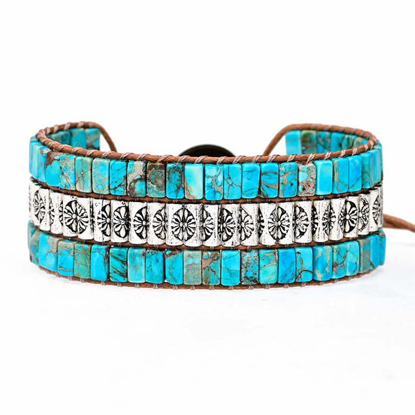 Bohemian Boho Style Natural Stone Metal Beads Beaded Adjustable Woven Bracelet for Women with Leather Rope