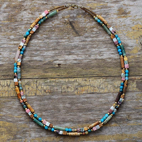 Double Layered Bohemian Boho Stone Beads Pendant Choker Beaded Necklace for Women