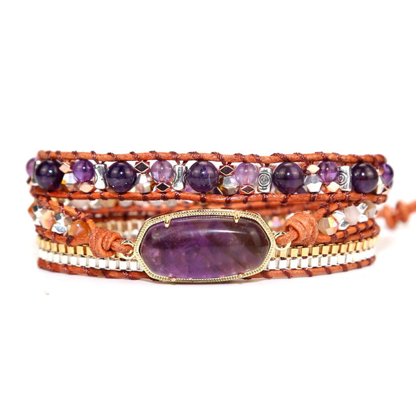 Amethyst Crystal Stone Beads Beaded Bracelet, Retro Bohemian Boho Multi-layer Adjustable Bracelet for Women with Leather Rope