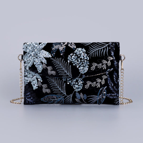 Embroidered Floral Chain Crossbody Bag with Sequins, Hand-held Bag, Dinner Bag for Women Party Wedding Banquet