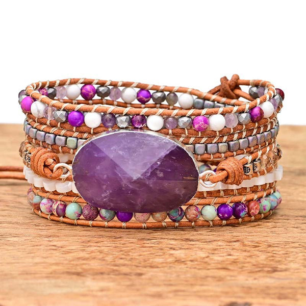 Bohemian Boho Amethyst Crystal and Natural Stone Mixed Beads Beaded Bracelets for Women, Wrapping Multi-layered Handmade Adjustable Bracelet with Leather Rope