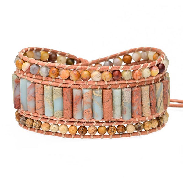 Bohemian Boho Hand Woven Natural Stone Beads Beaded Bracelet, 3-layer Winding Adjustable Bracelet for Women with Leather Rope