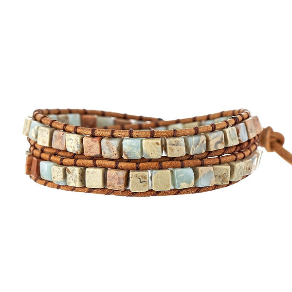 Double Layer Natural Stone Beads Winding Beaded Bracelet for Women,  Bohemian Boho Vintage Handmade Adjustable Bracelet with Leather Rope